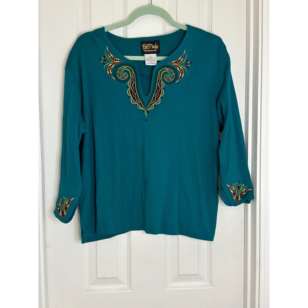 Bob Mackie Wearable Art Teal Cotton Embroidered Split Neck Top XL A66821